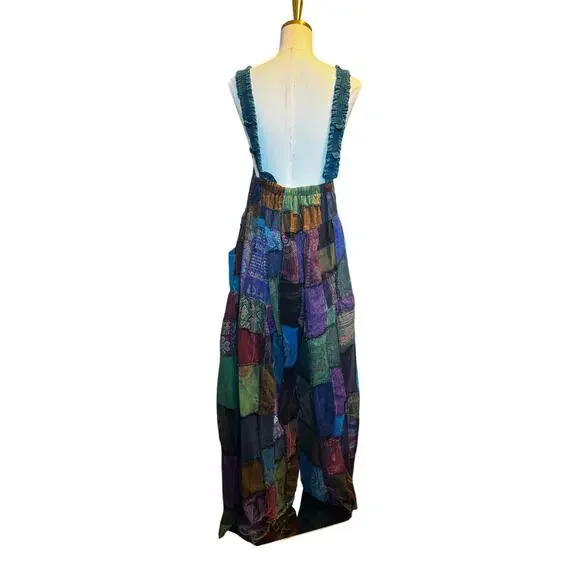 Colorful Hippie Patchwork Overalls Wide Leg Festival, Bohemian, Jumpsuit XS-M - Picture 4 of 4